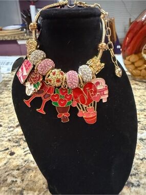 Gold-Tone Valentine's Day Charm Bracelet with Red & Pink Enamel